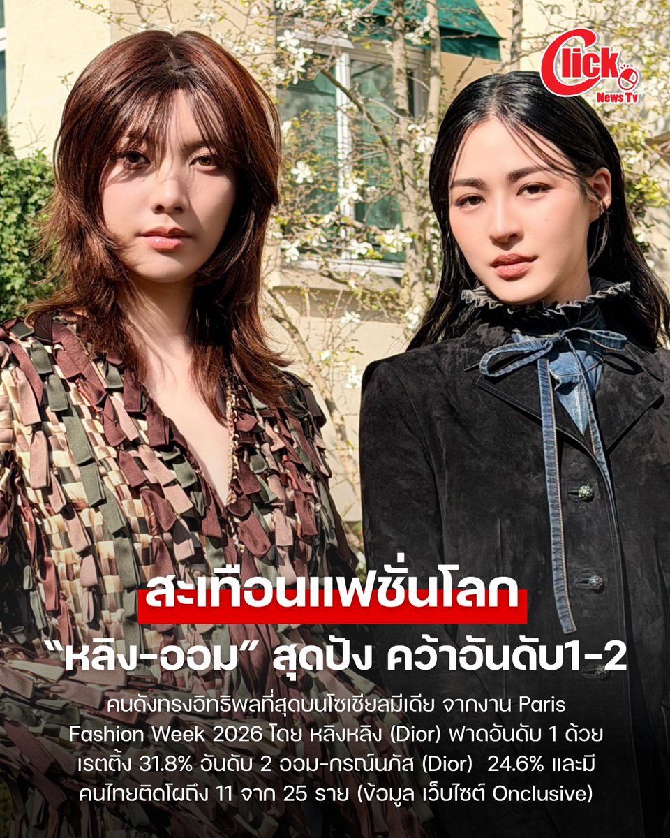 "หลิง-ออม" ฟาดเรียบ คว้าอันดับ 1-2 คนดัง ฮอตสุดใน ปารีสแฟชั่นวีค คนไทยติดโผ 11 ราย

จึ้งเกินต้าน! เว็บไซต์ Onclusive เปิดโผ 25 คนดังและแบรนด์แอมบาสเดอร์ที่ถูกพูดถึงมากที่สุดบนโซเชียลมีเดีย (Celebrity share of voice) ระหว่างช่วง Paris Fashion Week 2026 บอกเลยว่างานนี้