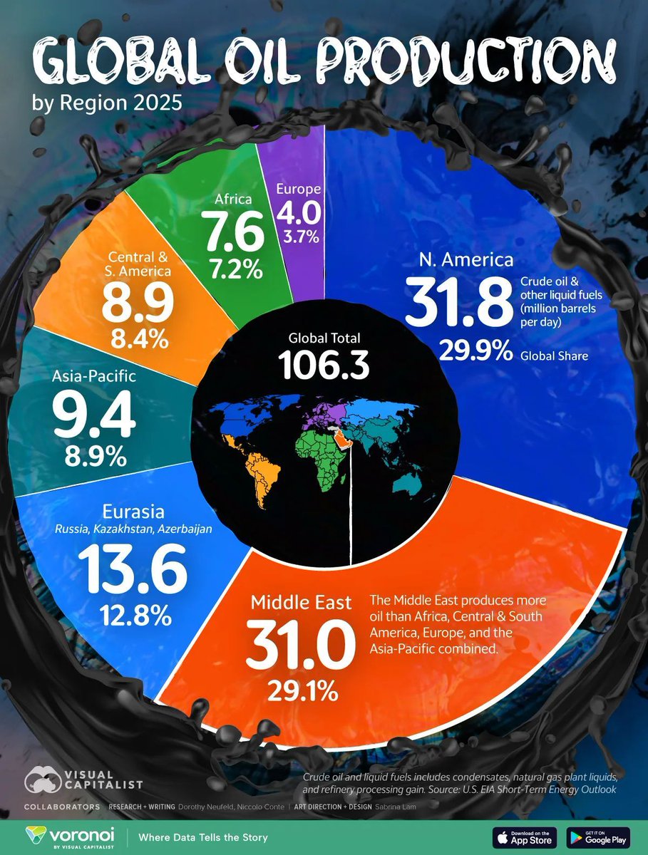 106 million barrels produced daily in 2025. North America and the Middle East control nearly 60% of global oil supply.
The Strait of Hormuz handles 20% of global petroleum trade. Any disruption shows up in input costs, current accounts, and equity valuations — including India’s.