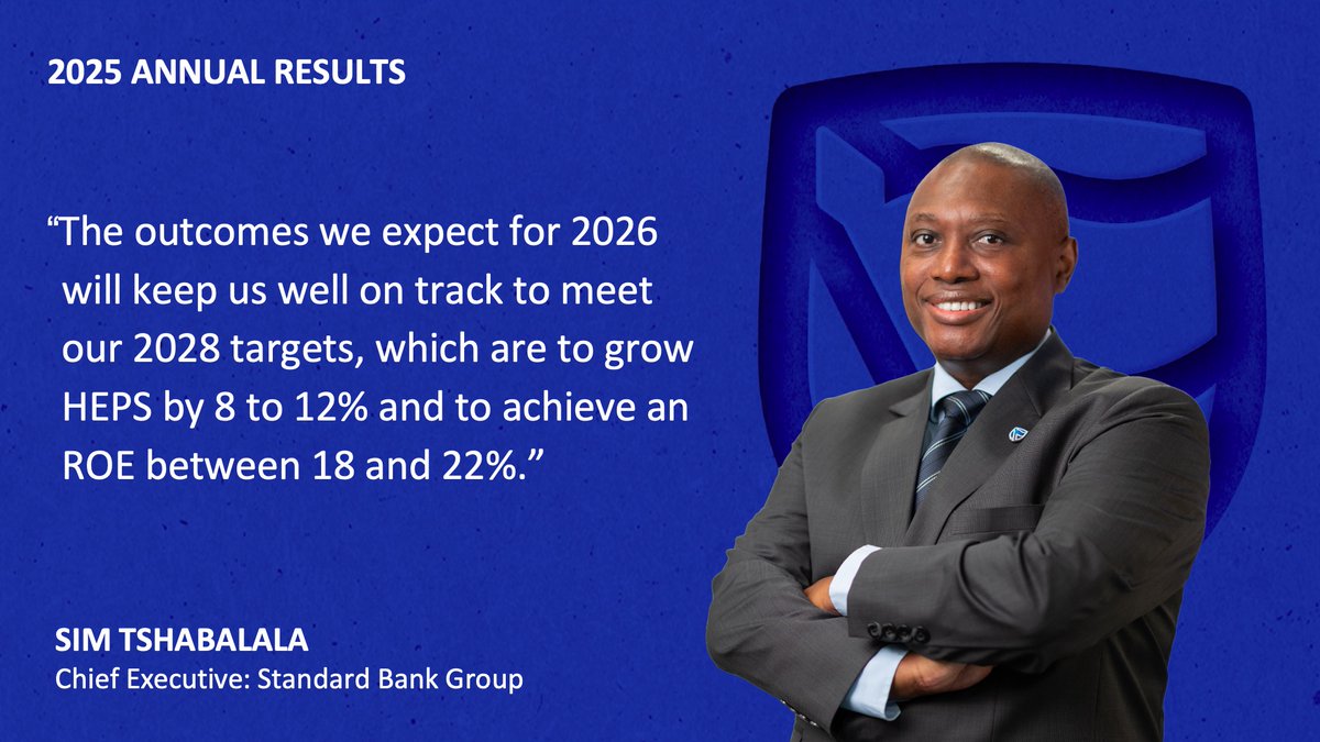 SBGroup's tweet photo. Looking ahead, Group CE, Sim Tshabalala reflects on the outlook for 2026 and how the expected outcomes will keep the Group on track. #SBGResults

Read more: https://t.co/UD12cW01hB https://t.co/1YT3l6cCne