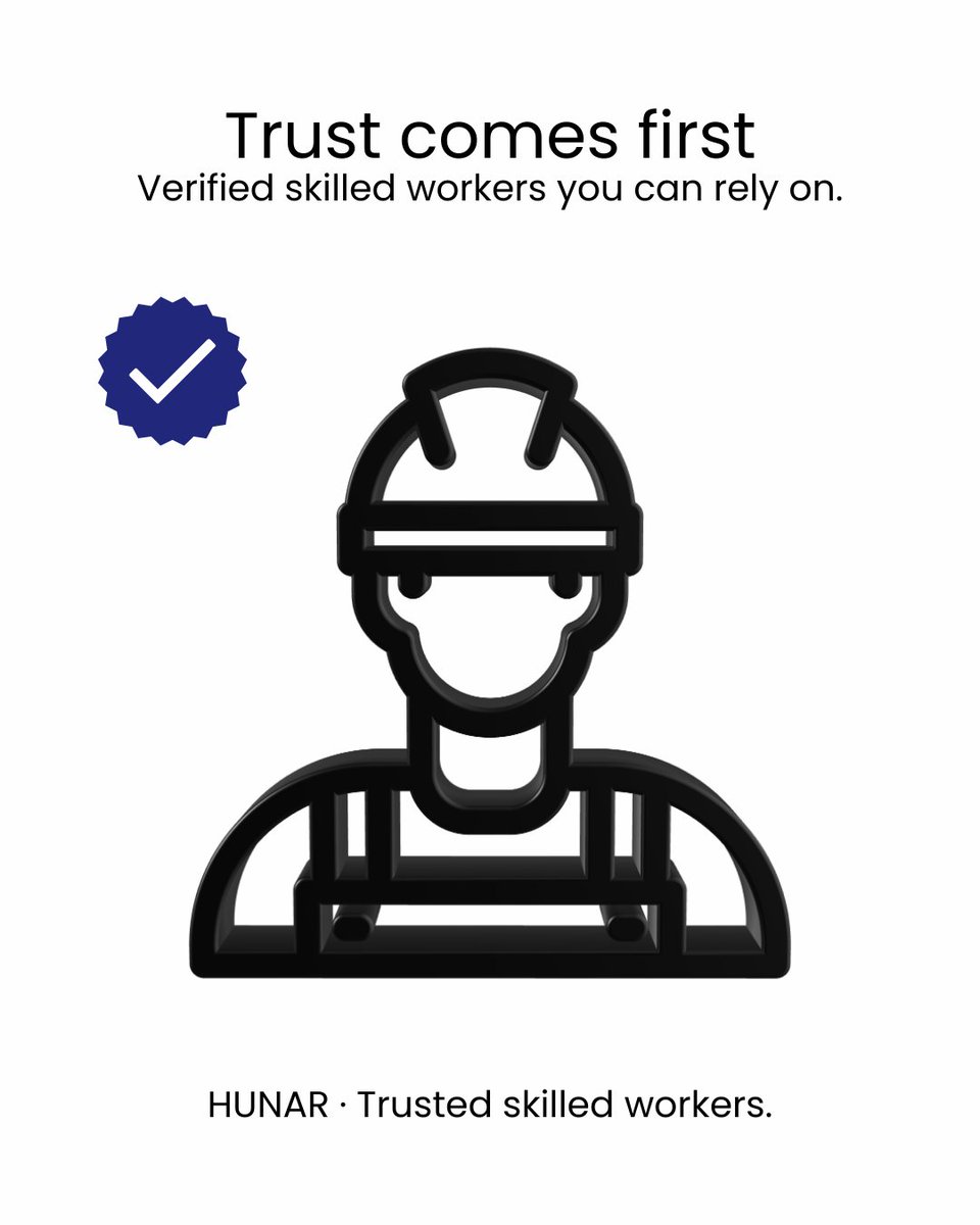 TheHunarApp's tweet photo. Real skill. Total trust. 
At Hunar, we don’t just find you a worker; we find you a master of their craft. Every plumber, electrician, and carpenter is verified, so you can relax while the experts handle the rest.
Hunar: Bringing trusted skill to your doorstep. https://t.co/ed1YXD3SVC