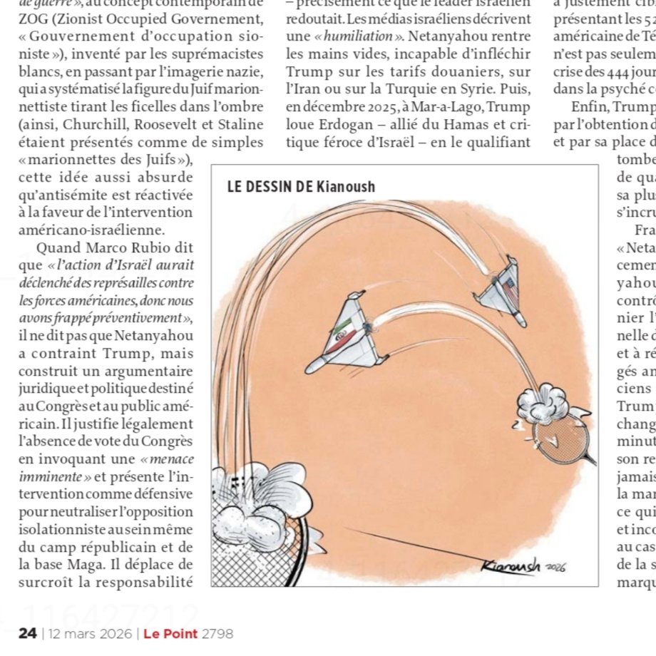 Chronique 'le dessin de Kianoush', Le Point magazine, Jeudi 12 mars 2026
#Iran