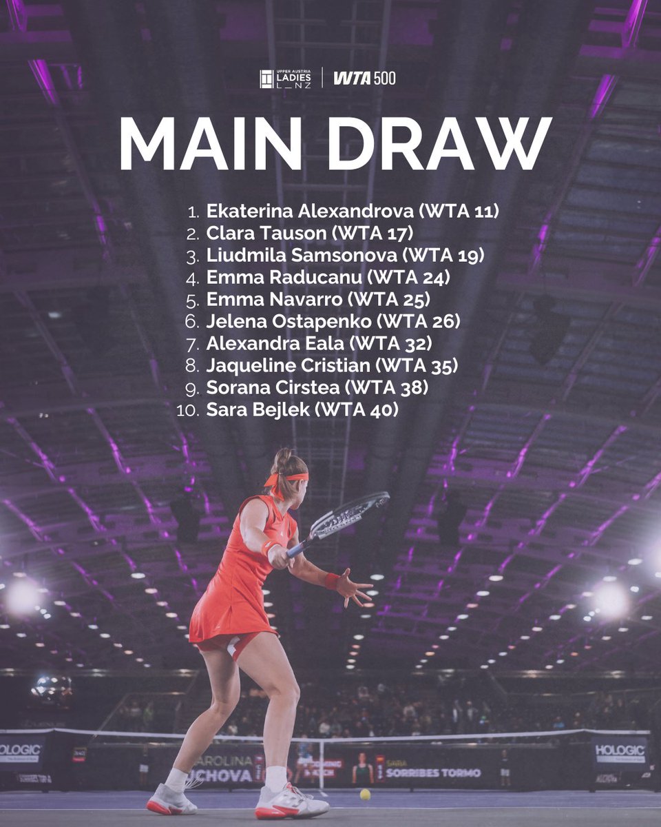 Main Draw revealed. Who takes the crown? 🤩

Check out the full players list 👉🏻 ladieslinz.at/en/spielerinne…