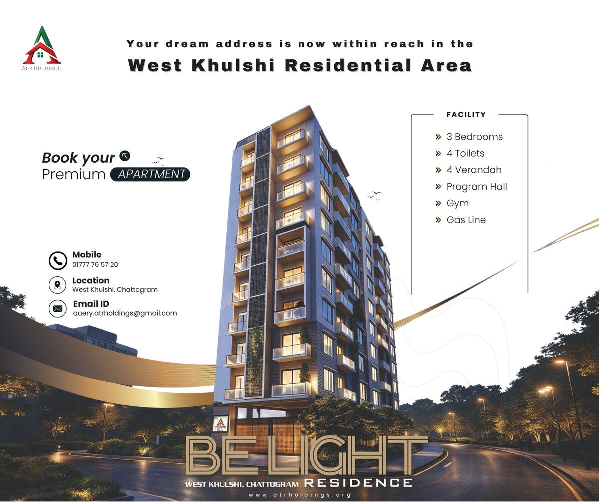 A Premium Apartment Opportunity in West Khulshi.
“Land Owner and Developer in the Same Hands”
Spacious 3-Bedroom Apartments.
Size: 1550–1650 sq ft.
Gas Line, Program Hall, Fitness Zone.
Corner Plot Building with Modern Facilities.
Limited units available.
Call 01777765720