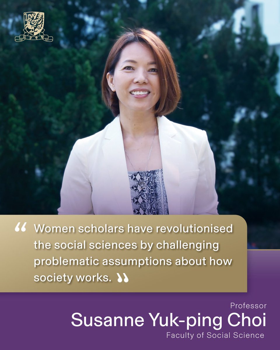 CUHKofficial's tweet photo. Women in Academia | International Women’s Day 2026

Prof. Susanne Yuk-ping Choi, Professor of Sociology and Co-Director of the Gender Research Centre at CUHK, is a distinguished scholar in sociology. Through rigorous empirical research and innovative methodologies, her work explores how globalisation, digitalisation and social change are reshaping gender relations, families and social inequalities.

She emphasises how women scholars challenge entrenched assumptions, ask new research questions and develop more inclusive approaches that better reflect social realities, demonstrating how women’s scholarship advances both academic knowledge and societal impact.

In celebration of International Women’s Day, we are sharing insights from eight inspiring female professors across CUHK. Stay tuned for more stories!

#CUHK #TheChineseUniversityofHongKong #InternationalWomensDay #WomenInAcademia #GiveToGain #IWD2026