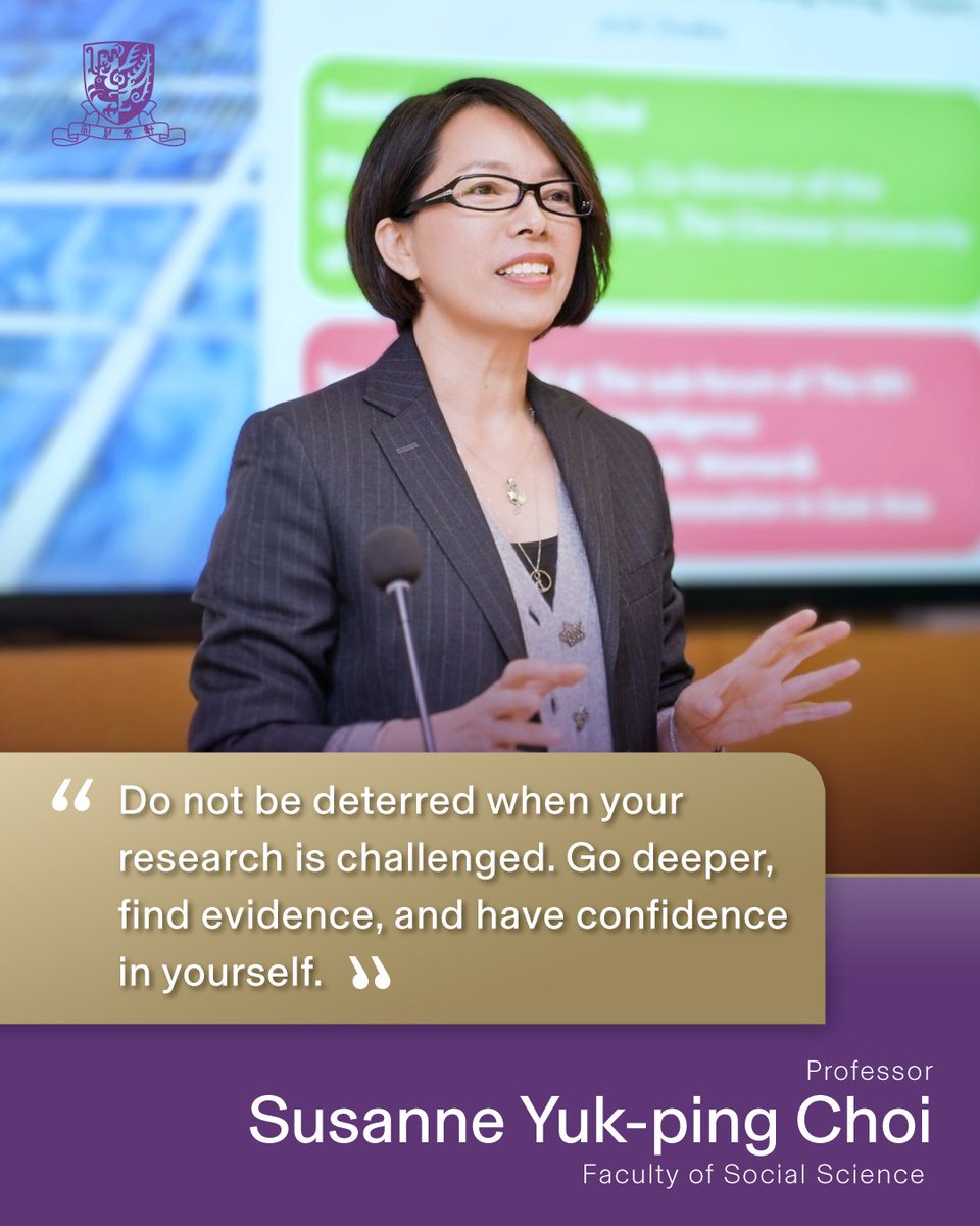 CUHKofficial's tweet photo. Women in Academia | International Women’s Day 2026

Prof. Susanne Yuk-ping Choi, Professor of Sociology and Co-Director of the Gender Research Centre at CUHK, is a distinguished scholar in sociology. Through rigorous empirical research and innovative methodologies, her work explores how globalisation, digitalisation and social change are reshaping gender relations, families and social inequalities.

She emphasises how women scholars challenge entrenched assumptions, ask new research questions and develop more inclusive approaches that better reflect social realities, demonstrating how women’s scholarship advances both academic knowledge and societal impact.

In celebration of International Women’s Day, we are sharing insights from eight inspiring female professors across CUHK. Stay tuned for more stories!

#CUHK #TheChineseUniversityofHongKong #InternationalWomensDay #WomenInAcademia #GiveToGain #IWD2026