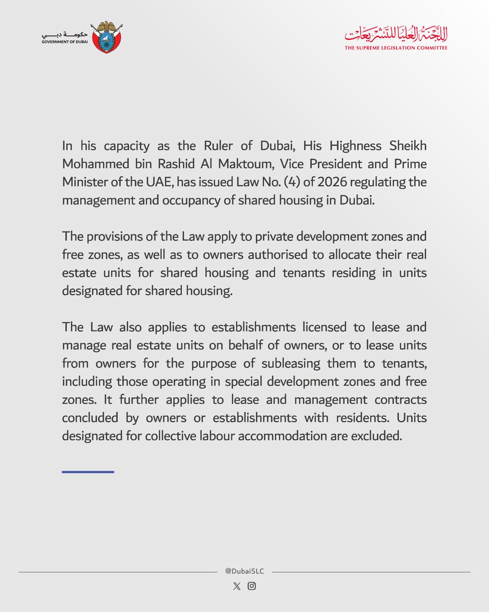 DubaiSLC's tweet image. Mohammed bin Rashid issues Law regulating the management and occupancy of shared housing in Dubai.

#Dubai_SLC #Legislation #Dubai #UAE