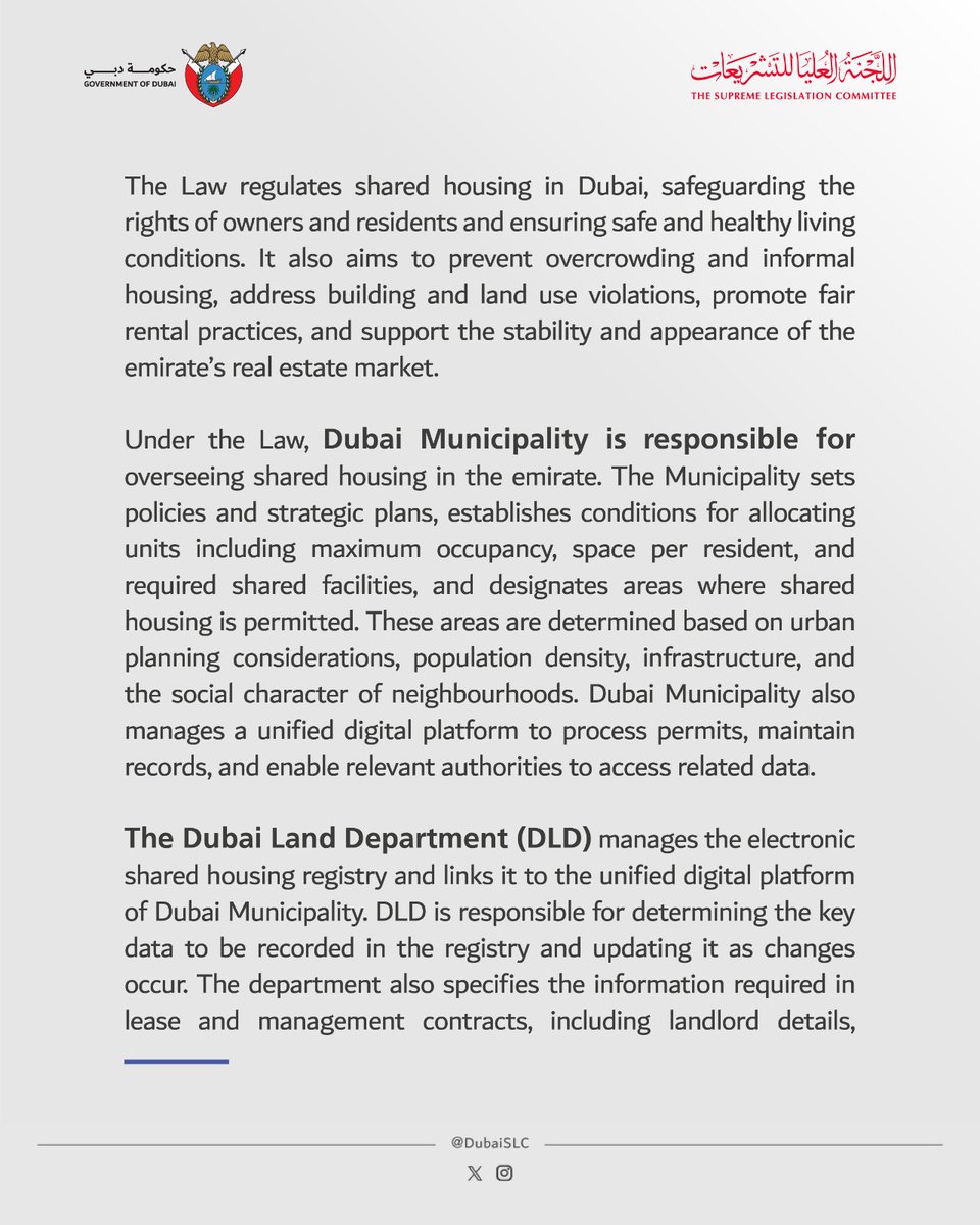 DubaiSLC's tweet image. Mohammed bin Rashid issues Law regulating the management and occupancy of shared housing in Dubai.

#Dubai_SLC #Legislation #Dubai #UAE