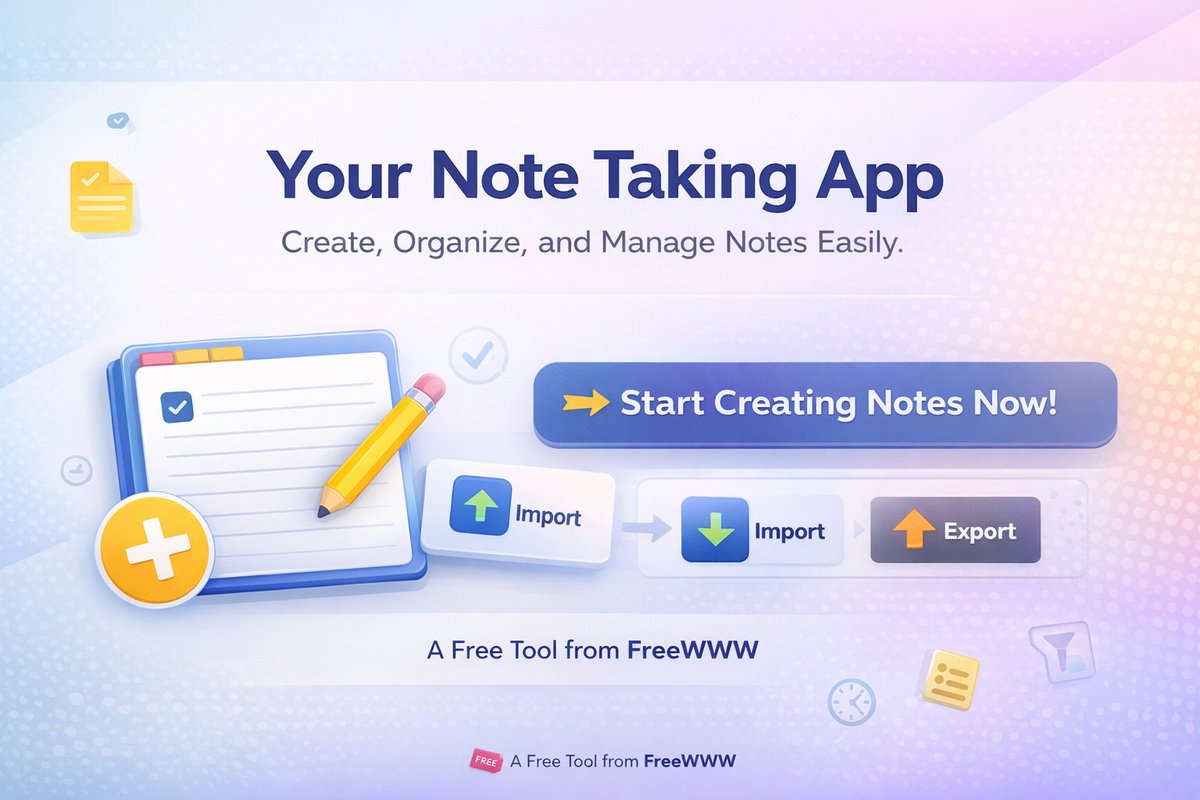 freewww30's tweet photo. Need a simple and efficient way to keep your notes organized? The Note Taking App is here to help you manage your tasks and ideas effortlessly!

🔗 https://t.co/RHxN49SI4h

#NoteTakingApp #ProductivityTools #StayOrganized #FreeWWW #DigitalNotes https://t.co/Ab7wcZXfst