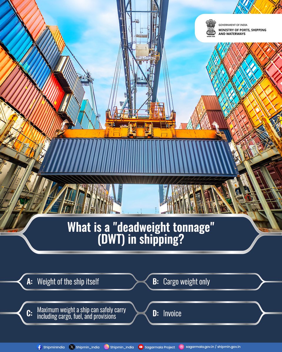 shipmin_india's tweet image. ⚓ How well do you know the maritime world?

Take the challenge, drop your answer below to learn something new and celebrate the spirit of the maritime sector.

#MaritimeQuiz #PortsAndShipping #BlueEconomy #MaritimeIndia #quiz