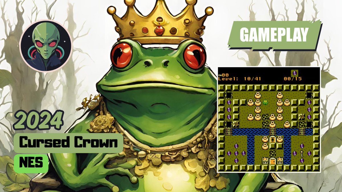 brewotakumag's tweet photo. A frog 🐸, who is actually a cursed prince 👑, must hop 💨 through several stages and resolve tricky puzzles 🧩 to regain his former shape ✨. @martinreimer 

YT: https://t.co/Y5OUbmah6s
DL; https://t.co/ICDj31MwmI

#nes #game #gameplay #homebrew #cursedcrown https://t.co/XL8tdKt7h0