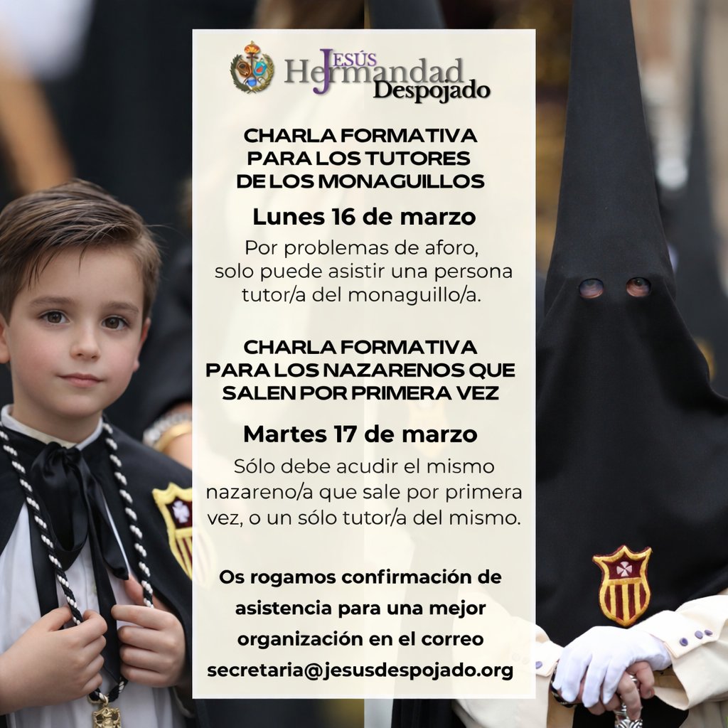 Se convoca dos charlas formativas previas a la Estación de Penitencia dirigidas a monaguillos y nazarenos que procesionan por primera vez.