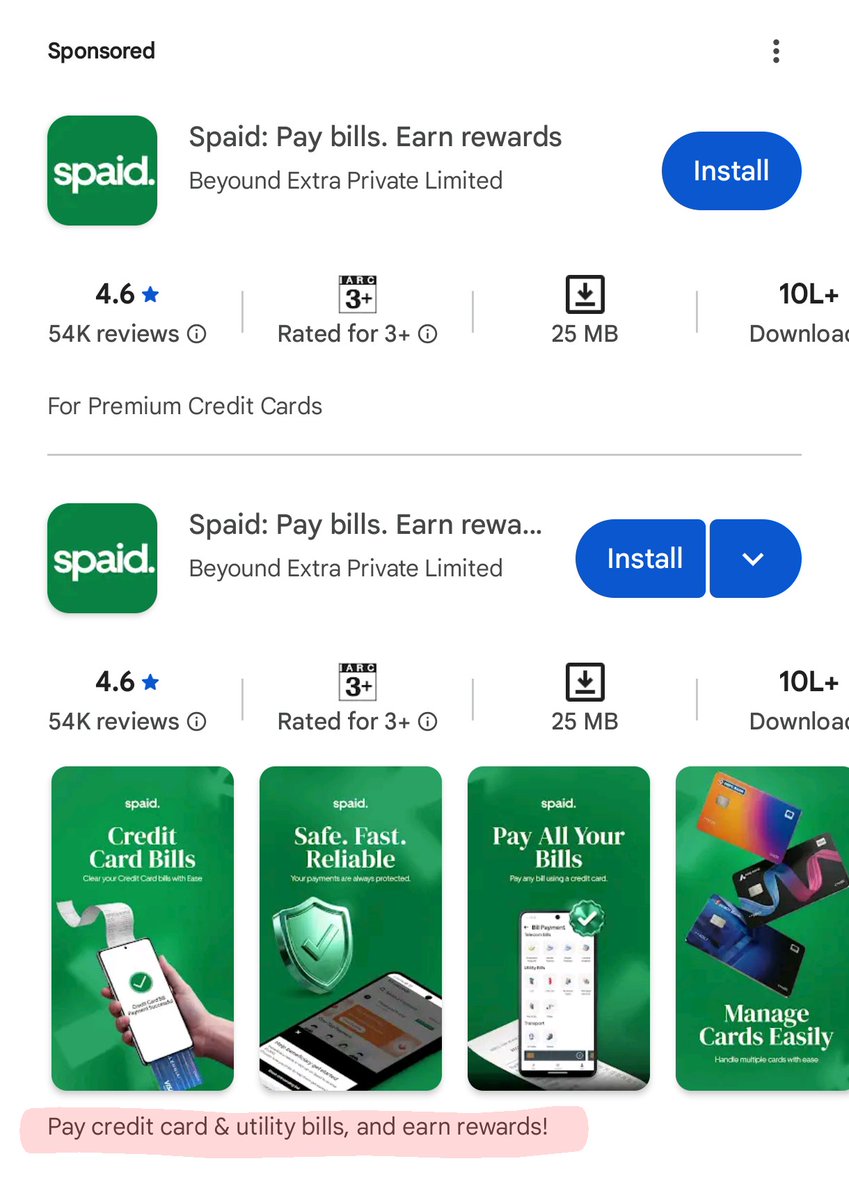 iSatishAgarwal's tweet image. Spaid app is advertised hugely on Insta 🥸

💵For paying various types of Bills
💵And of course Credit Card Bills

Posted just for Info 😁 
Not a Recommendation 🙂

Like ❤️ n Repost ♻️ if useful
#CreditCard #CCgeek #Spaid