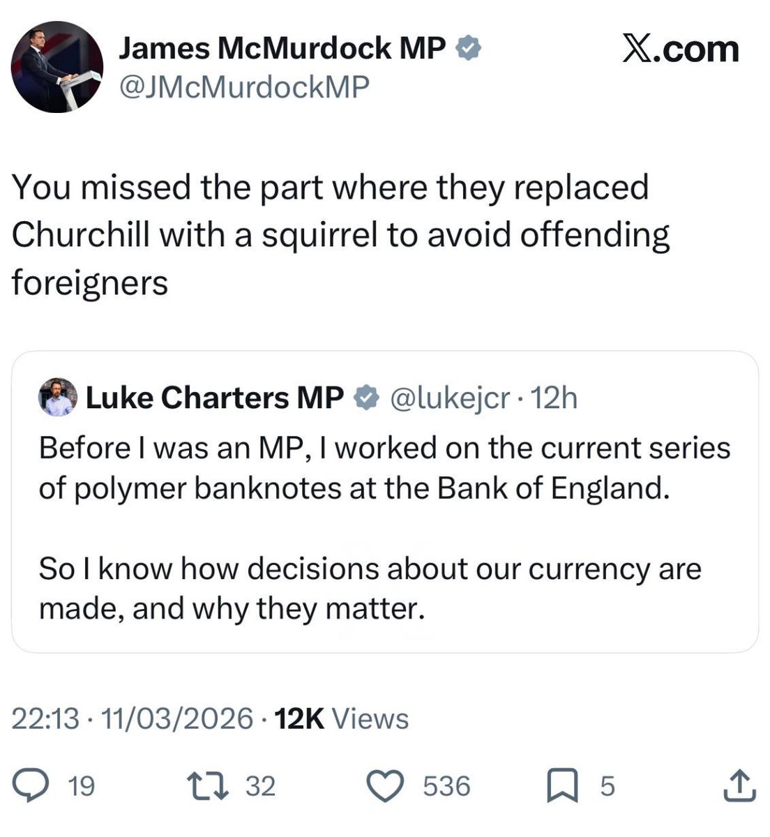 Interesting to see you’ve deleted this in response to my tweet <a href="/JMcMurdockMP/">James McMurdock MP</a>.

I must have missed the bit where the Bank of England said this was about “offending foreigners”.

Out of curiosity, what would you prefer on the £5? A dog whistle?