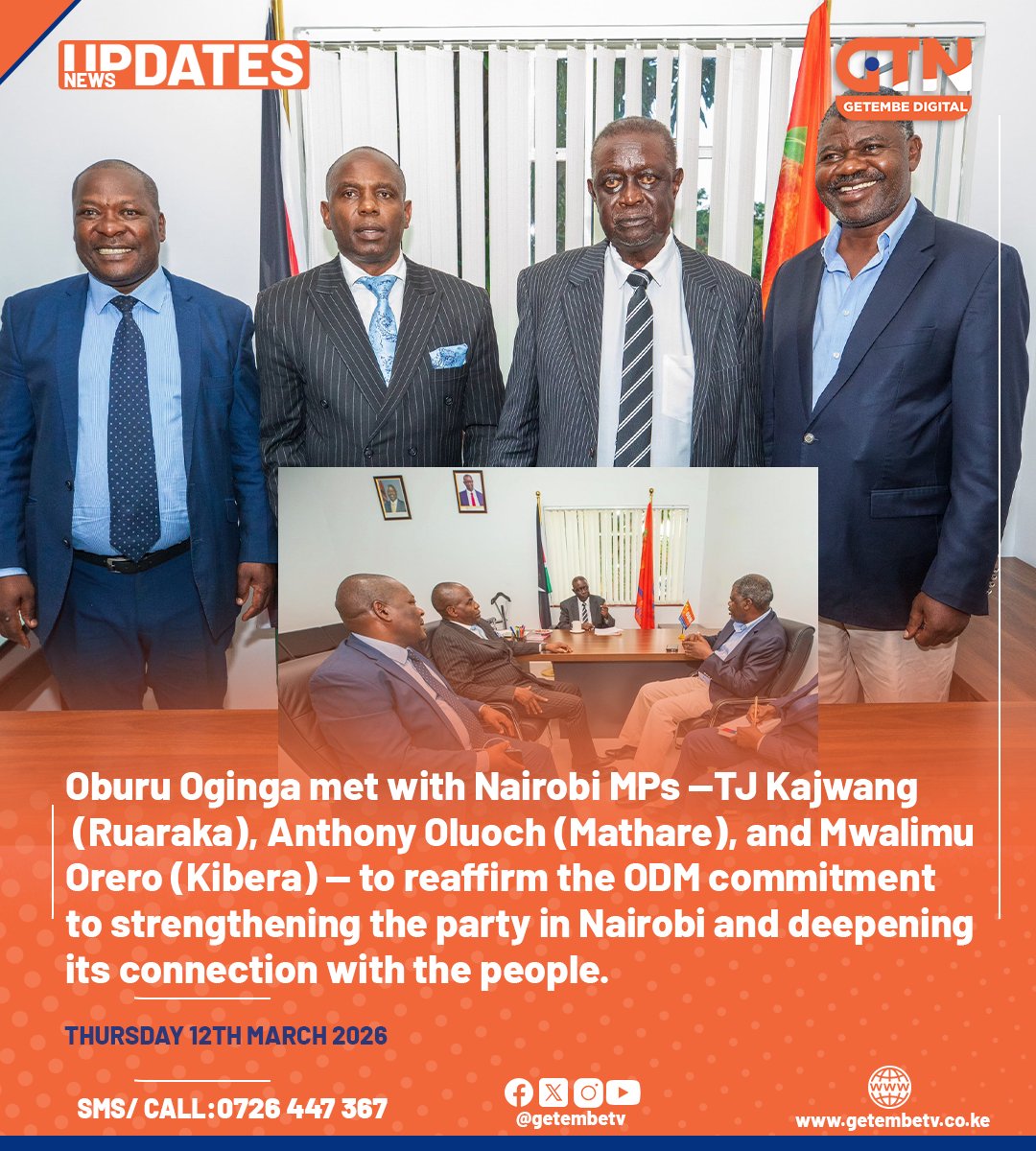 GetembeTV's tweet image. Oburu Oginga met with Nairobi MPs — TJ Kajwang, Anthony Oluoch, and Peter Orero — to reaffirm the ODM’s commitment to strengthening the party in Nairobi.
#ODM #NairobiPolitics #KenyaPolitics #PartyStrengthening #Leadership