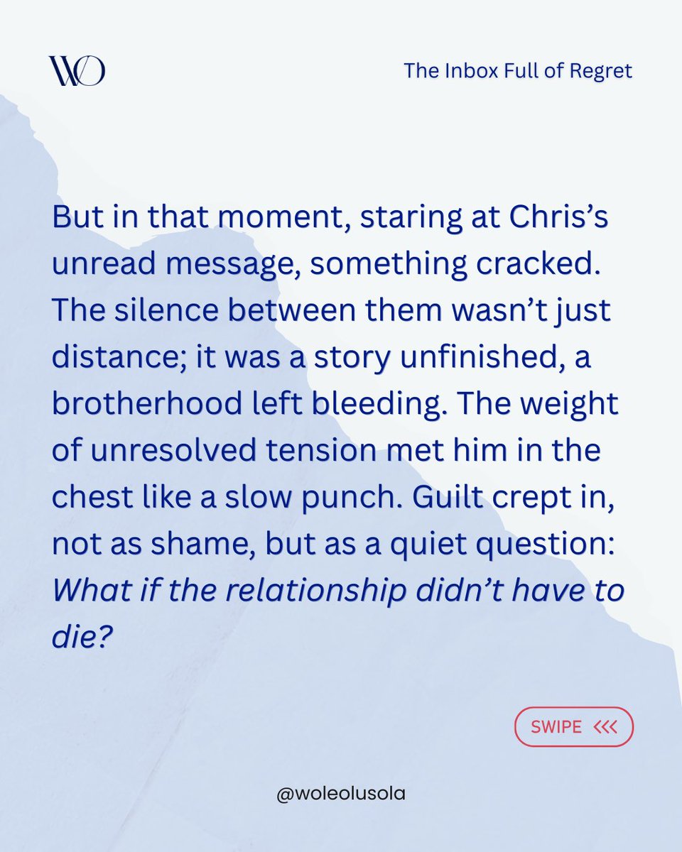 woleolusola's tweet photo. Sometimes relationships don’t end because of hatred.
They end because of silence.

One unresolved conversation. One message left unreplied. One moment that felt too awkward to revisit…
And somehow what started as a small silence quietly becomes years of distance.

Think of someone you’ve drifted away from, through conflict, distance, or silence. Consider reaching out.

Like and follow for more honest teaching for men. 

#TeachingForMen #RelationshipsMatter #PersonalGrowth #EmotionalIntelligence #GraceAndGrowth