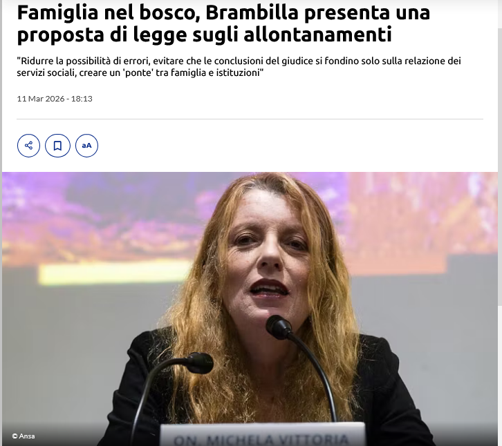 riktroiani's tweet photo. Michela Vittoria #Brambilla ha presentato una proposta di legge sull'allontanamento dei minori dal nucleo familiare che prevede, tra l'altro, l'istituzione di un "collegio tecnico  multidisciplinare", coordinato da una figura nuova, l'esperto delle  relazioni familiari fragili, che affianchi fin dall'inizio il magistrato chiamato a prendere, in un senso o nell'altro, una decisione tanto  delicata.

L'obiettivo, come si legge nell'articolo, è "ridurre la possibilità di errori, evitare che le conclusioni del  giudice si fondino esclusivamente sulla relazione dei servizi sociali,  creare un 'ponte' tra la famiglia e i soggetti istituzionalmente  preposti alla tutela".

Per approfondire: https://t.co/TqaKAA4Twl

 #12marzo #famiglianelbosco