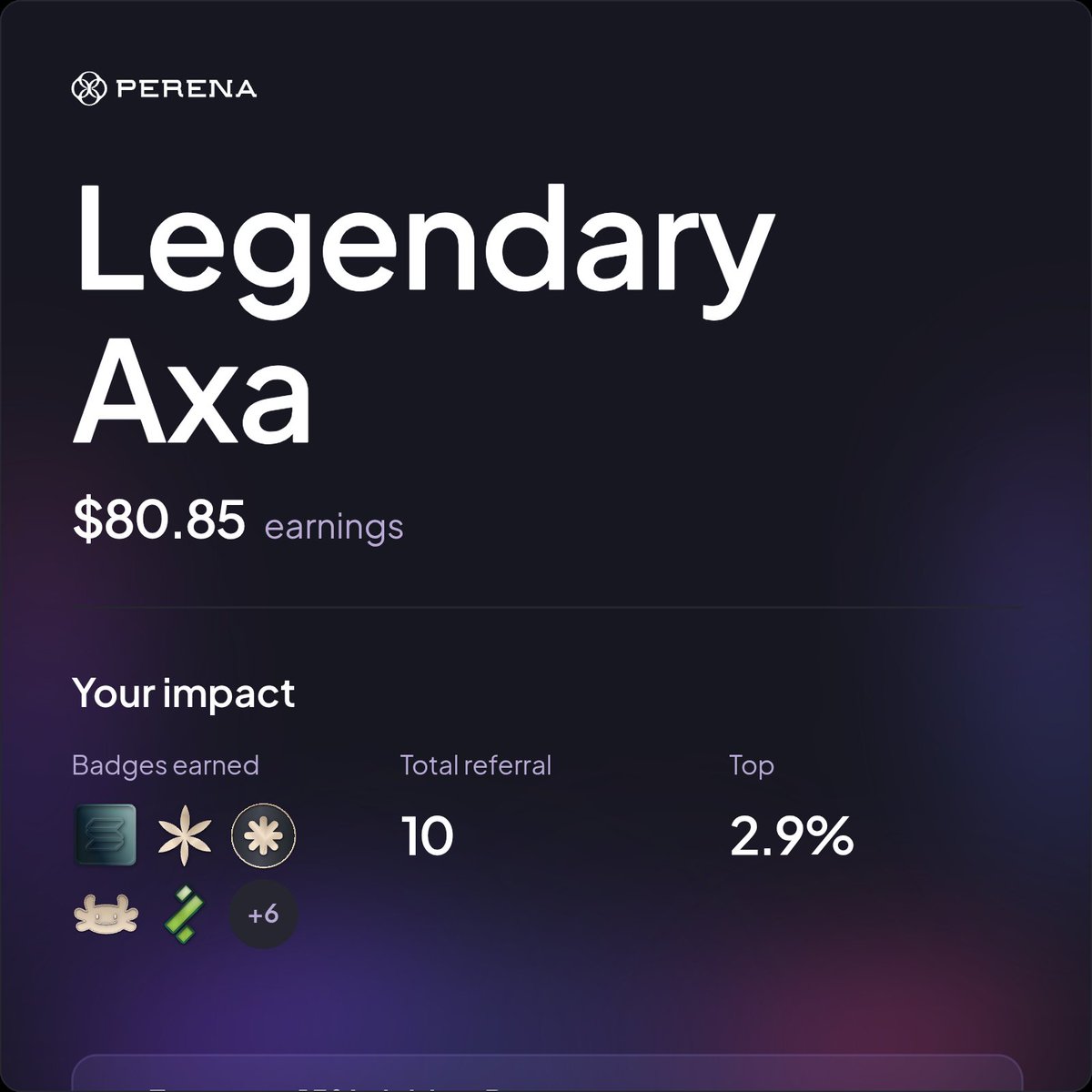 Cannot waiting more for perena season and big project other 
Check out my Perena Season 1 recap! 🌸
$80.85 yield earned | Legendary tier
Let's join  pwa.perena.org/?ref=TSFXSS