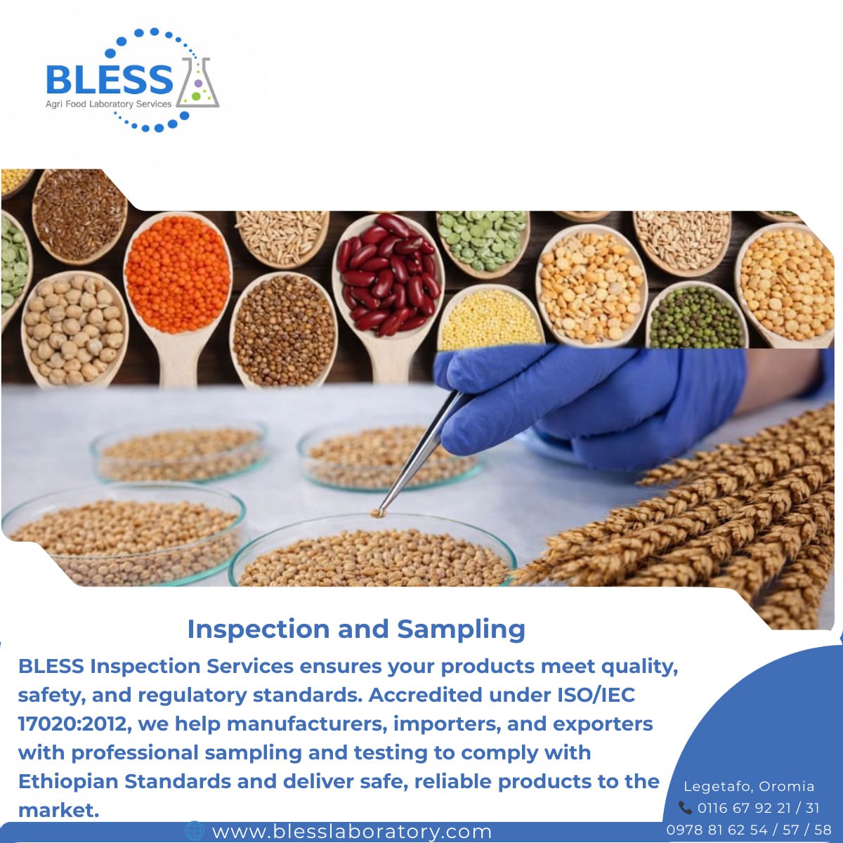 blesslaboratory's tweet photo. BLESS Inspection &amp; Sampling ensures products are properly inspected and sampled before testing, improving accuracy and compliance.
Services include cereals, oilseeds &amp; pulses grading, spice export sampling, water compliance sampling, and microbial swab tests.

#BLESSLab #Inspecti https://t.co/QBZQuRCtzd