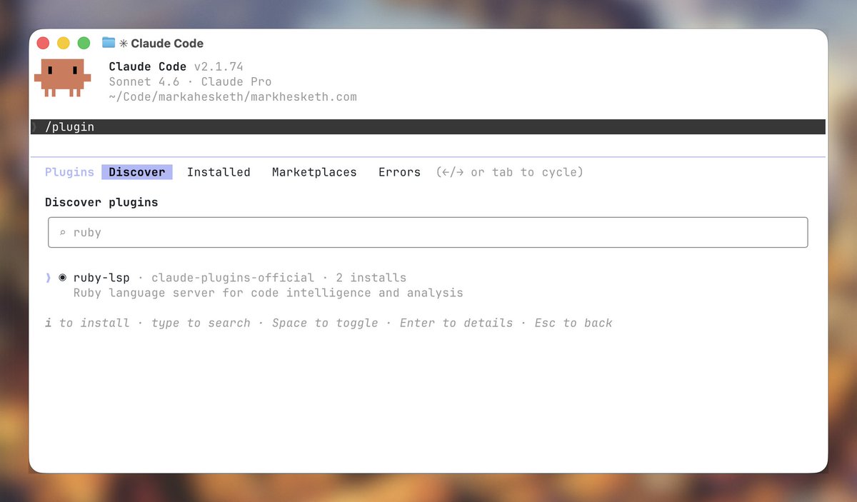 markahesketh's tweet photo. Claude has an official Ruby LSP now you can install via `/plugin` https://t.co/G0DlAMbRW4