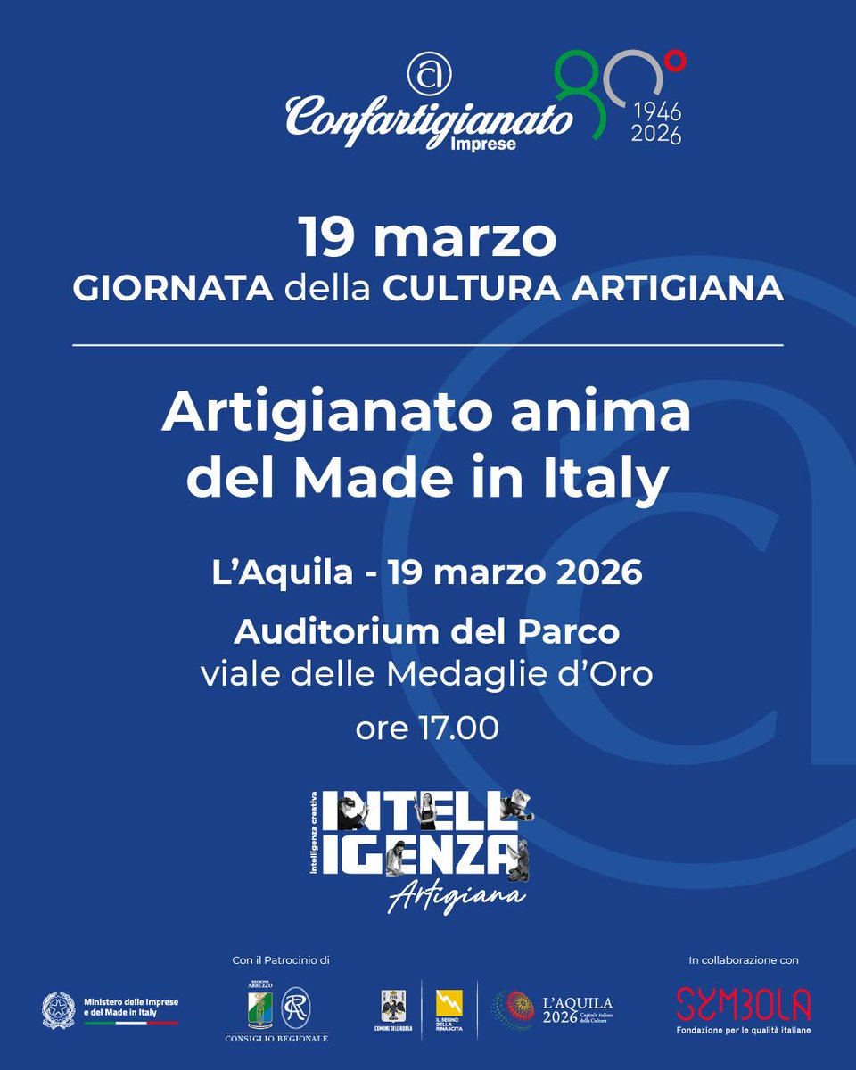 AncConf's tweet photo. 5° Giornata del Valore artigiano | Artigianato anima del #MadeInItaly 
Data: 19 marzo 2026 ore 17
Location:  L'Aquila | Auditorium del Parco
#NoiConfartigianato #Carrozzieri #MadeInItaly https://t.co/ide4KXlUiI