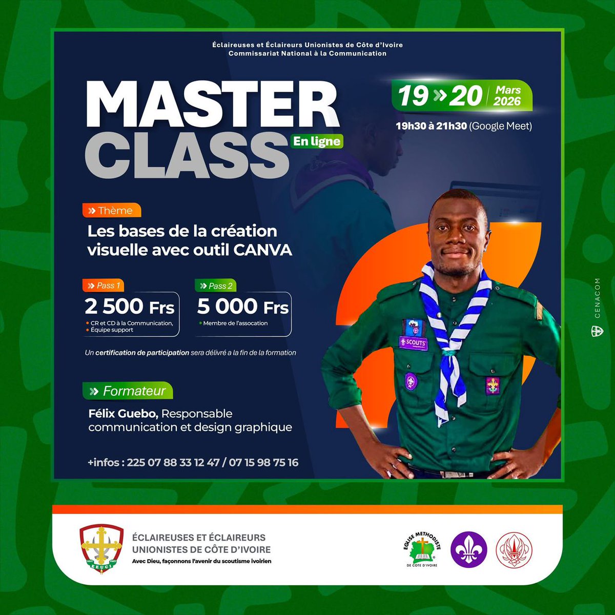 FelixGuebo's tweet photo. 📢 Master Class | Communication graphique &amp; Canva

J’aurai l’honneur d’animer une Master Class du 19 au 20 mars 2026 autour du thème :
« Optimiser la création visuelle dans le scoutisme EEUCI grâce à l’outil Canva ».
Au plaisir de vivre ces moments, de créativité et de partage. https://t.co/2RikYbMkfH