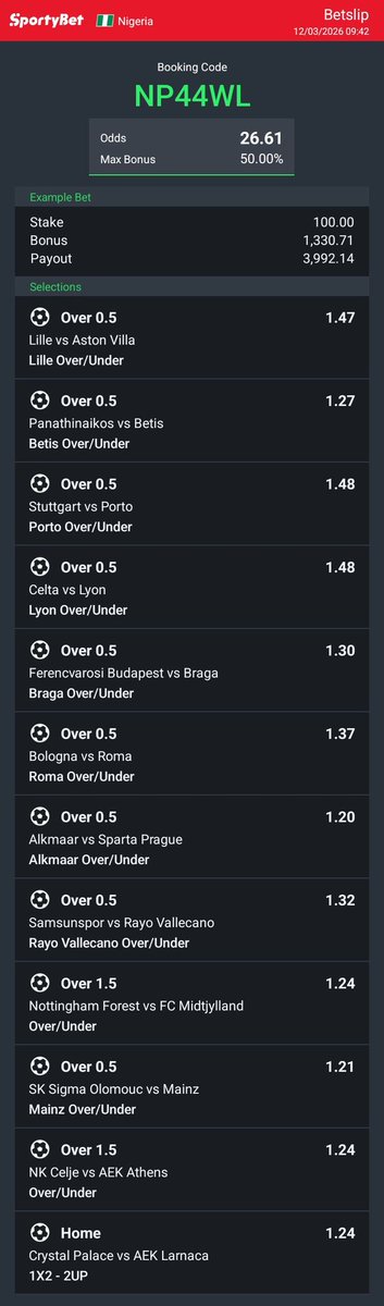 Revelation321's tweet photo. Believe  it you go collect from Sportybet!  You love it Code=NP44WL https://t.co/D6YqeVYCq8
