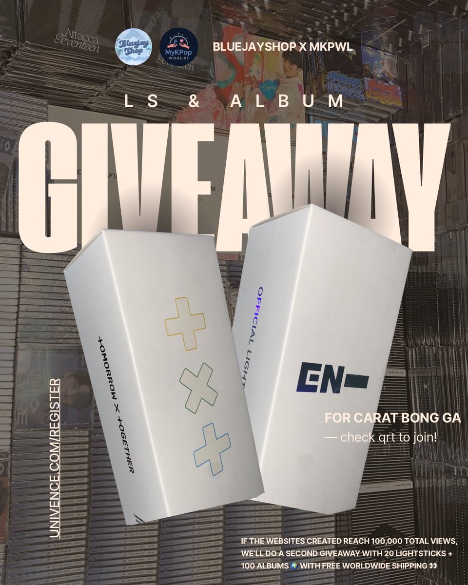 #Bluejayshop_GA 
ALBUM AND LIGHTSTICK GIVEAWAY FOR 63 WINNERS! 🇵🇭

1 - ENGENE BONG
2 - MOA BONG
60 - RANDOM ALBUM

how to join:
1. register on Univence (univence.com/register) and create a website using the AI coding agent (takes ~5mins)
2. add your website link to your X bio