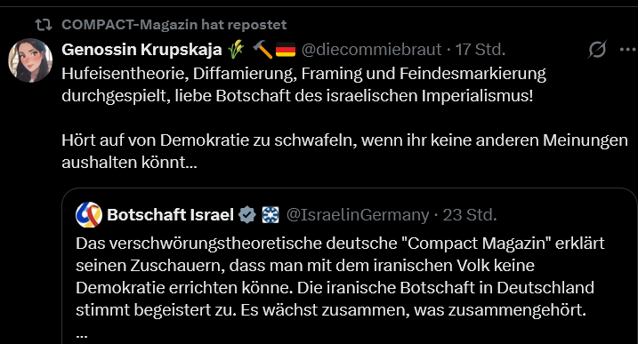 RandaleFischer's tweet photo. Genossin Krupskaja und das Compact-Magazin im gemeinsamen Kampf gegen die Hufeisentheorie... #Antisemitismus #verbindet https://t.co/pI5VEo2HEf