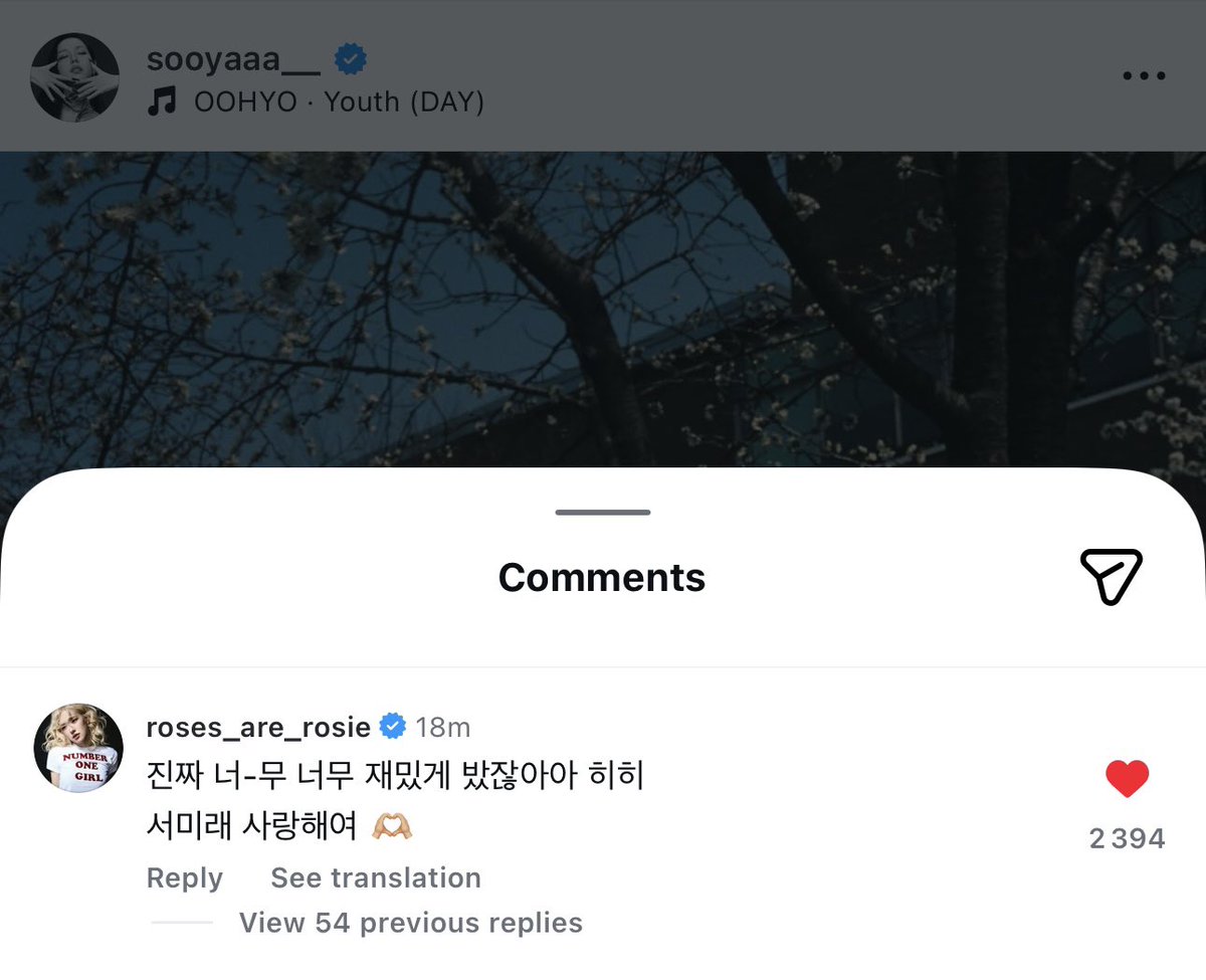 Rosé commented on #JISOO’s instagram post. 

“It’s really sooo fun haha 
Seo Mirae I love you 🫶🏻”