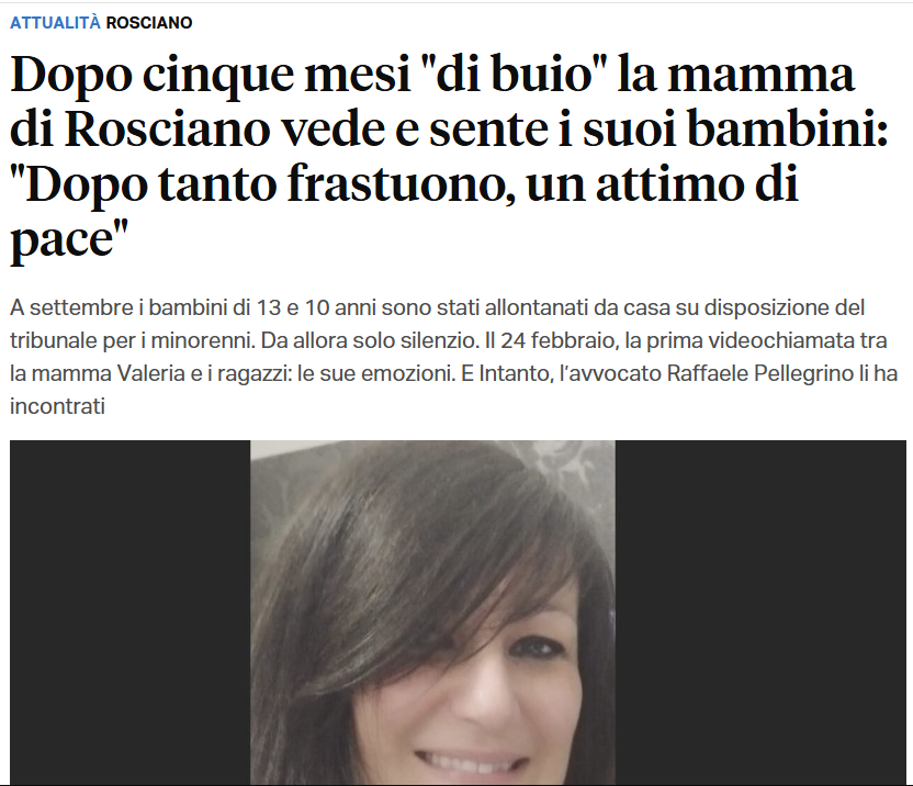 paola_g64's tweet photo. Per conflitti verbali tra genitori separati, il Trib minori allontana due figli dalla mamma, ritenuta "oppositiva".
La mamma li ha rivisti dopo 5 mesi di buio
Stessi assistenti sociali della #famigliadelbosco
Stesso tribunale minori #Aquila #Angrisano
https://t.co/45ySW5TZmL https://t.co/OXpjbEdbUP