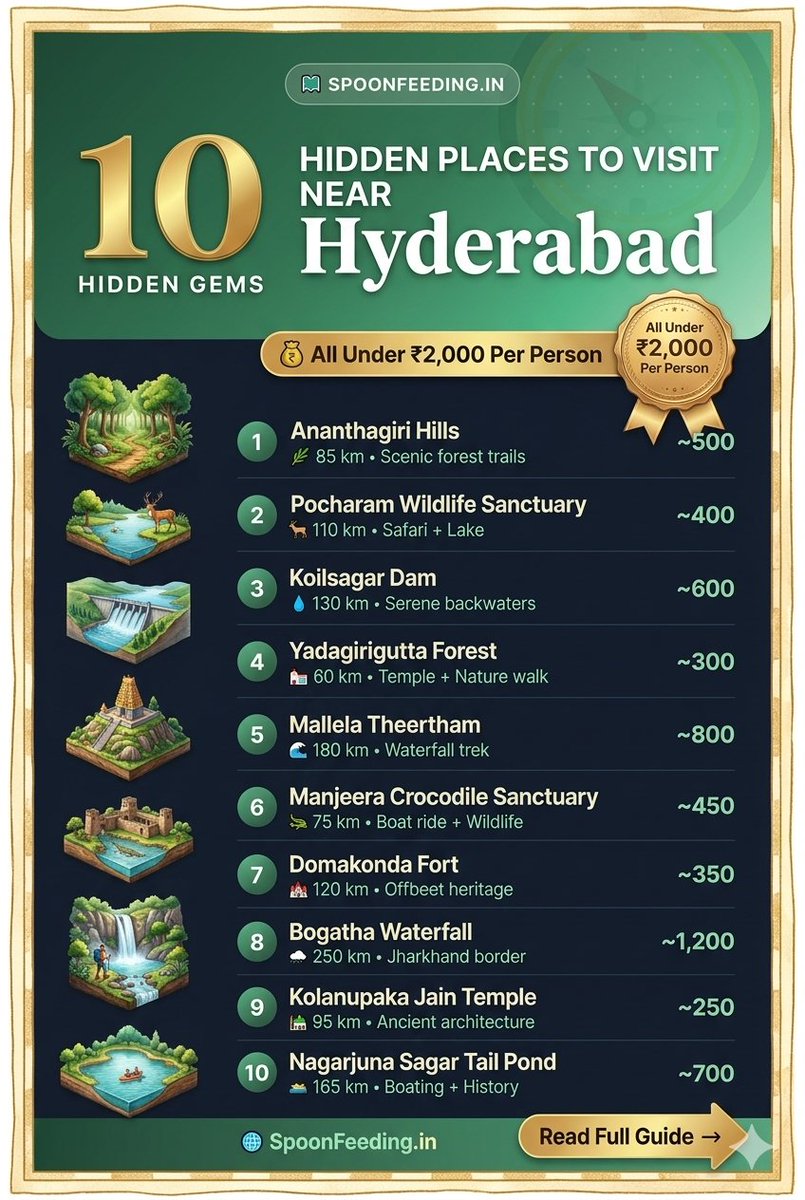 hydwebdesigner's tweet photo. 10 Hidden Places to Visit Near Hyderabad Under ₹2,000

📖https://t.co/qnn1YVIWcI

Tired of crowded tourist spots? Hyderabad sits at the heart of Telangana, and within a 200 km radius lie some of South India's most underrated destinations

#hyderabad #hiddengems#NatureTravel https://t.co/OLNkSI1Yos