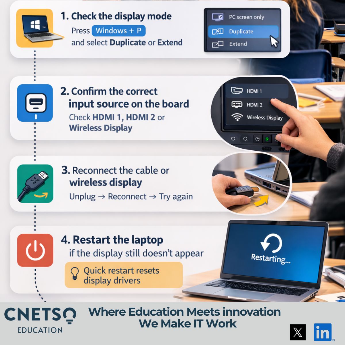 Cnetso's tweet photo. How many minutes of learning are lost each week because a screen won’t connect?
In most schools, it’s not a major #IT failure.

It’s the same small issue repeating across classrooms.
A few simple checks can often fix it in under a minute.

#EdTech #SchoolIT https://t.co/PYNUzb4Lef