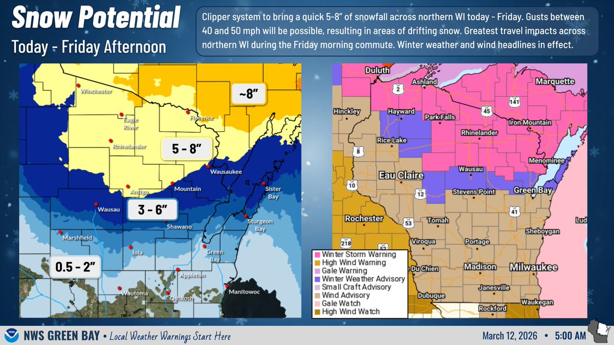 {3/12/26} 5 AM ⚠️ A clipper system is on track to bring a quick round ...