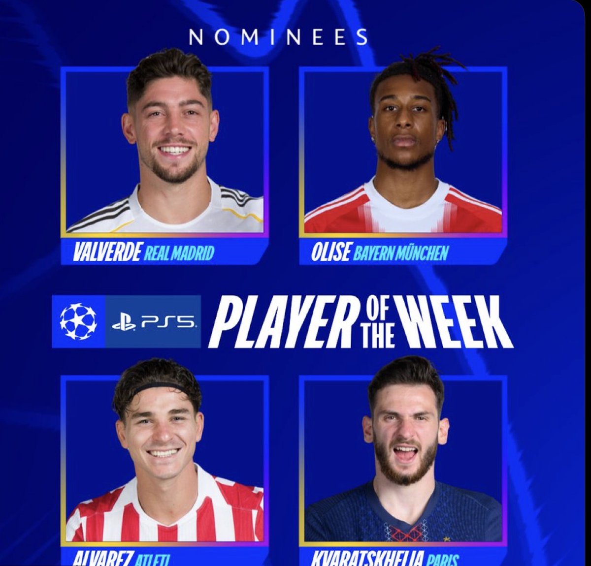 twagirumukiza_'s tweet photo. 🚨 𝗢𝗙𝗙𝗜𝗖𝗜𝗔𝗟: Abakinnyi baza gukurwamo uza kuba umukinnyi mwiza w'iyi mikino ya Champions League yo kuri uyu wa Kabiri ndetse no ku wa Gatatu:
• Fede Valverde
• Michael Olise
• Julian Alvarez
• Khvicha Kvaratskhelia.
#championsleague #footabll #FootballStats https://t.co/IyVxnQ94hT