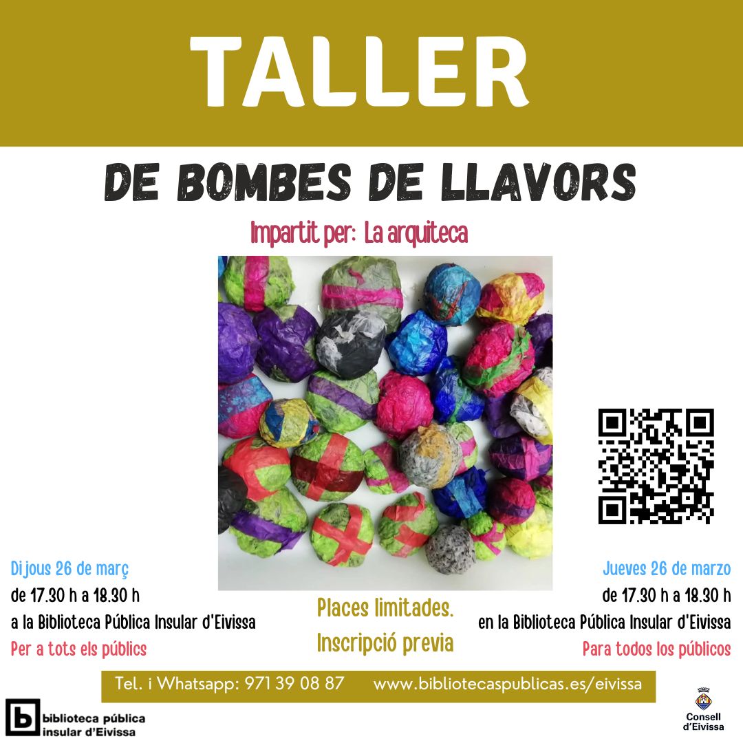 Taller primaveral amb La Arquiteca.❗️
Bombes💣de llavors!! colorides, pacífiques i fan créixer flors i plantes 🌷🌱.
Inscripcions: goo.su/shpVWH
📌A la Biblioteca Pública Insular d'Eivissa (Cas Serres).
26 de març, 17.30 h.
X a tots els públics!
#bibliotecapública