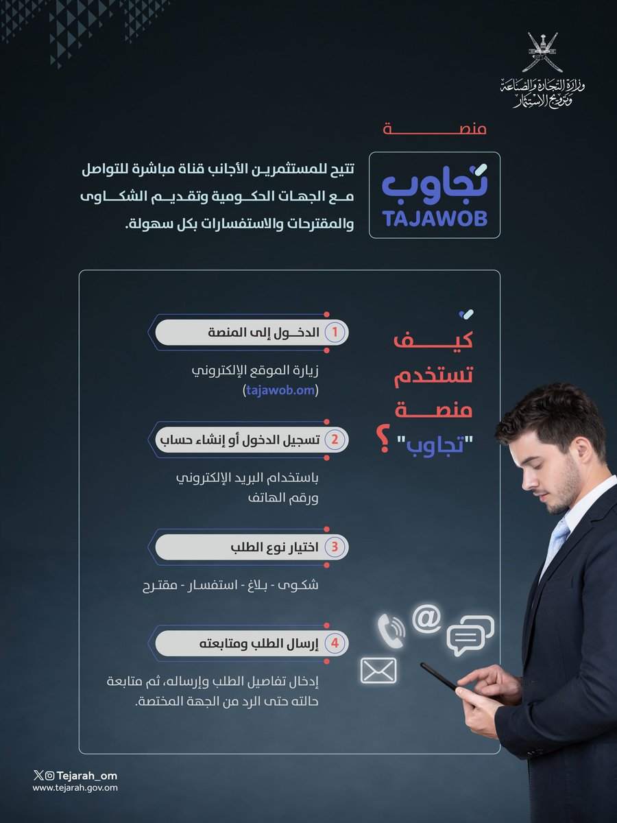 Tejarah_om's tweet photo. قناة مباشرة لتحسين تجربة المستثمرين في #سلطنة_عُمان. ✅

🔗 https://t.co/CDGtt6Zdnl https://t.co/Ik2vqgn48v