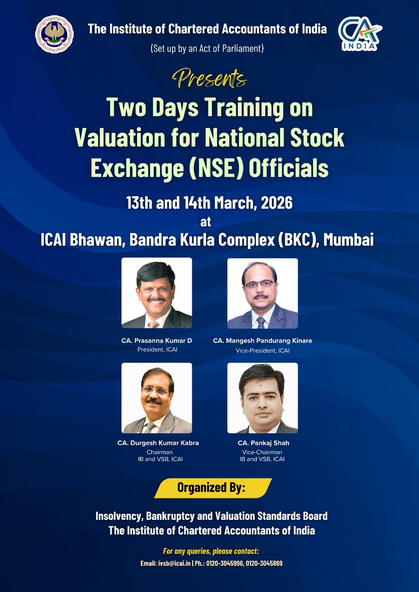 cibcicai's tweet photo. We are pleased to organise a Two-Day Training Programme on Valuation for NSE Officials on 13th –14th  March 2026 at ICAI Bhawan, BKC, Mumbai to strengthen understanding of valuation methodologies in capital market transactions.

#ICAI #NSE #Valuation #CapitalMarkets https://t.co/U8E4HQOmih