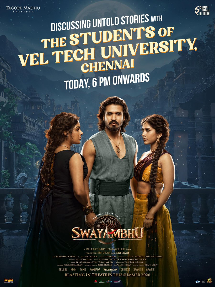 BigtvCinema's tweet photo. Vel Tech University Chennai! 🔥🔥🔥
Get ready to discuss untold stories with the team of #Swayambhu ❤🔥
Today from 6 PM onwards ❤️
#NikhilSiddhartha #ActorNikhil #NabhaNatesh #Samyuktha #Samyukthamenon #Tollywood #tollywoodactress #entertainment #Bigtv #Bigtvcinema https://t.co/MSXSvGYzBA