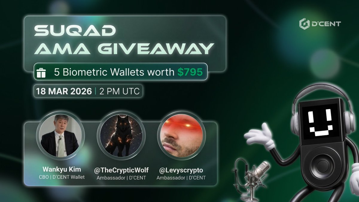 📢 D’CENT’s first Squad AMA + Wallet Giveaway

🎁 5 Biometric Wallets (worth $795 total)
📅 Mar 18, 14:00 UTC
📍x.com/i/spaces/1nKOL…
🎙 Speakers:
• Wankyu Kim, CBO D’CENT  
• <a href="/TheCrypticWolf/">𝐓𝐡𝐞𝐂𝐫𝐲𝐩𝐭𝐢𝐜𝐖𝐨𝐥𝐟</a>  &amp; <a href="/levyscrypto/">Levis</a>, D’CENT SQUAD

💬 Got a question for the team? Drop it in the