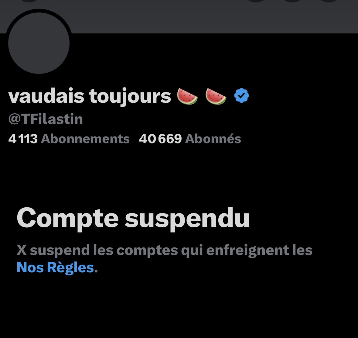 🚨Partagez en masse svp 🚨
❌Le compte de notre frère <a href="/TFilastin/">vaudais toujours 🍉 🍉</a> est suspendu … 
❌Suivez le sur son compte de secours 🙏🙏 <a href="/Bassemvaudais/">Hannibal Carthage</a>