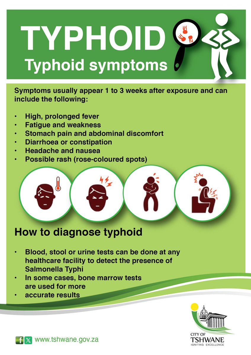 CityTshwane's tweet image. If you stay in an area with poor sanitation facilities and unsafe drinking water take care and be aware of #typhoid symptoms
