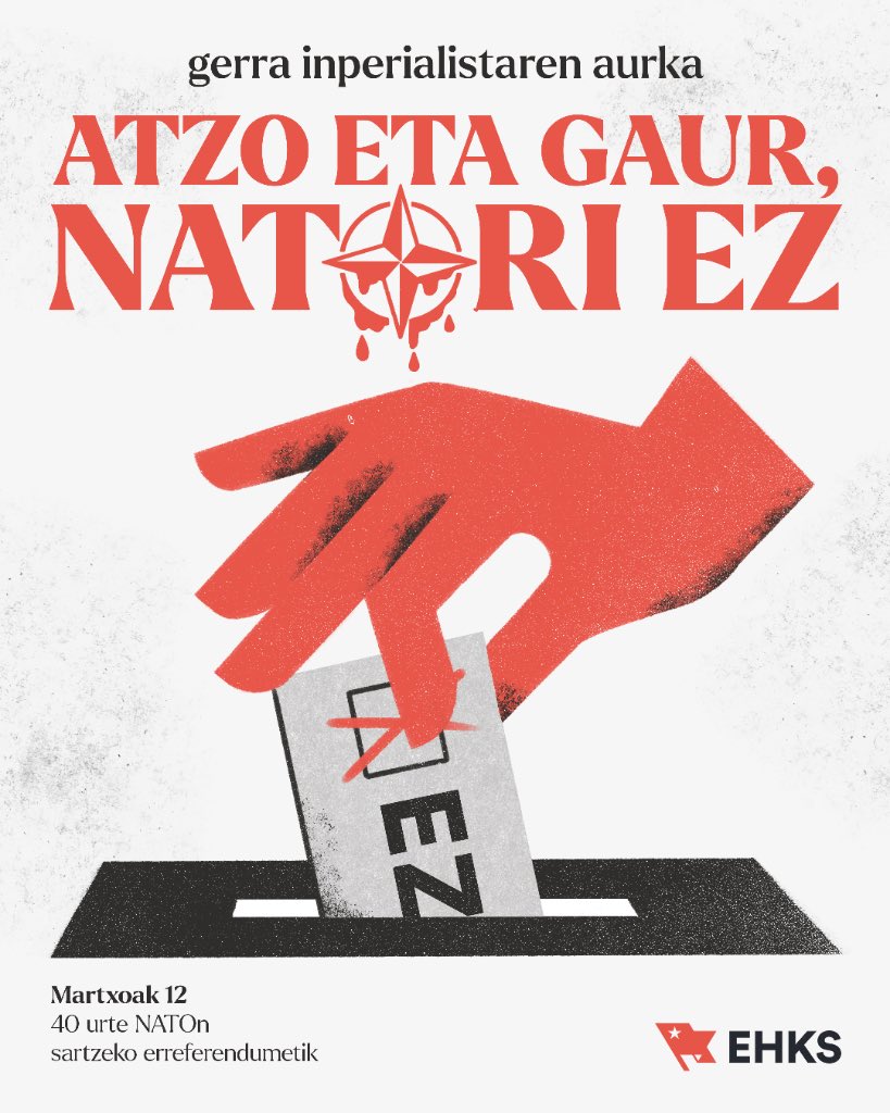 🗓️ Lau hamarkada betetzen dira gaur Hego Euskal Herriak NATOren aurka bozkatu zuenetik.

Gerra inperialistaren aurka, atzo eta gaur, NATOri ez!