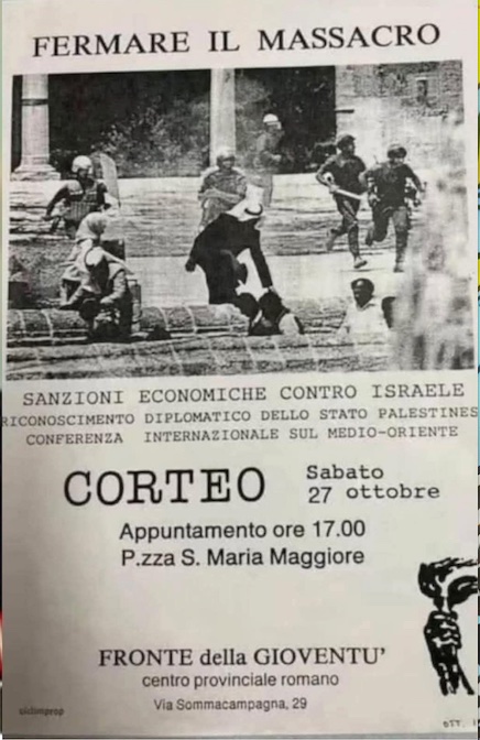 TullioFlorio's tweet photo. @GiorgiaMeloni Lascia perdere il" voi avete detto, noi abbiamo detto" e levami una curiosità. Cosa è cambiato da quando sia tu che @Ignazio_LaRussa facevate parte di questo gruppo che distribuiva volantini contro lo stato sionista, ritenendolo un elemento destabilizzante per tutto il M.O.? https://t.co/rcs4K35c1F