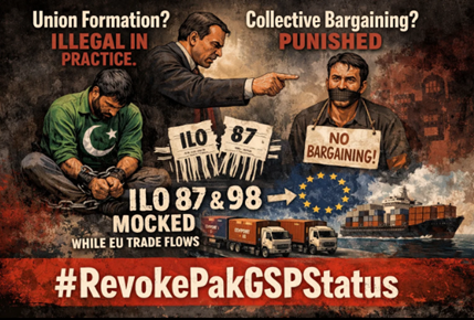 sorathsindhi64's tweet photo. Union formation? Illegal in practice. Collective bargaining? Punished. ILO 87 &amp; 98 mocked while EU trade flows. Revoke Pak GSP Status https://t.co/KeuKf131HT