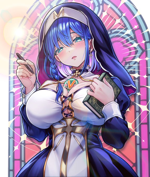 胸の谷間に挟まったv-mag本体に操られ、 延々とエッチなイラストを描かされ続ける聖奴隷シスター。 足りないエロ知識は《イチャコラバイブル》で補完。 という理想の作業環境を描きました。僕の夢です!