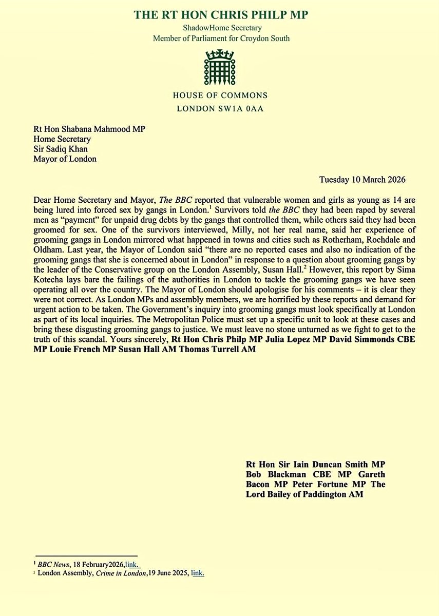 triffic_stuff_'s tweet photo. 🚨 SADIQ KHAN EXPOSED: COMPLICIT IN COVERING UP GROOMING GANGS SCANDAL! 

Shocking Letter Reveals Mayor's Lies Despite Reading Reports Of Young Girls' Abuse 🤥

Sadiq Khan has been CAUGHT.

On 10 March 2026, eleven Conservative MPs — including senior shadow ministers and former ministers — wrote an explosive open letter directly to the Home Secretary and to Sadiq Khan himself.

The letter lays bare what many Londoners have suspected for years:

Khan personally reviewed evidence of young girls — some as young as 14 — being lured into hotels, plied with drugs, threatened over drug debts, and gang-r*ped by groups of men exploiting them for sex.

Yet in public, time after time, he has flatly denied that “grooming gangs” like those exposed in Rotherham, Rochdale, Oldham and Telford even exist in the capital.

Here’s the devastating line from the MPs’ letter:

 “The Mayor of London said in response to a question about grooming gangs by the leader of the Conservative group in the London Assembly that ‘there are no reported cases and also no indication of the grooming gangs she is concerned about in London’.”

He said that AFTER survivors spoke on camera to the BBC about being raped in London hotels by men controlling them through drugs and fear.

He said that AFTER the Metropolitan Police confirmed thousands of live child sexual exploitation cases across the city.

He said that — again and again — across at least TEN separate Mayor’s Question Time sessions and media appearances since 2025.

This is not ignorance.  

This is not a mistake.  

This is DELIBERATE denial from the man who runs policing and crime strategy in London.

The MPs aren’t mincing words:

“We are horrified by his comments… we demand that it is made clear that the failings of the authorities in London mirrored what happened in towns and cities such as Rotherham, Rochdale and Oldham… We must leave no stone unturned as we fight to get to the truth.”

They are calling for a full Government inquiry to be extended to London — because they no longer trust City Hall to tell the truth.

Khan’s pattern is now crystal clear:

- Read the reports  

- Hear the survivors  

- See the police data  

- Then go on television and in the Assembly and tell the public there is “no indication” of grooming gangs

The victims deserve better.  

Londoners deserve better.  

And all of girls still being exploited RIGHT NOW deserve action — not another year of denial from City Hall.