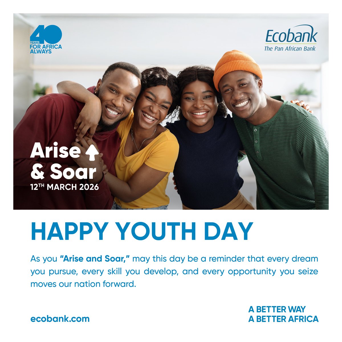 𝐇𝐀𝐏𝐏𝐘 𝐍𝐀𝐓𝐈𝐎𝐍𝐀𝐋 𝐘𝐎𝐔𝐓𝐇 𝐃𝐀𝐘

This National Youth Day 2026, we celebrate the bold ideas, limitless energy, and unstoppable ambition of young people shaping tomorrow.

As you “𝐀𝐫𝐢𝐬𝐞 𝐚𝐧𝐝 𝐒𝐨𝐚𝐫,” may this day be a reminder that every dream you pursue,