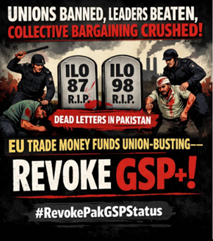 sorathsindhi64's tweet photo. Unions banned, leaders beaten, collective bargaining crushed. ILO 87 &amp; 98 dead letters in Pakistan. EU trade money funds union-busting—Revoke GSP+! Revoke Pak GSP Status https://t.co/RKiG8LukhY