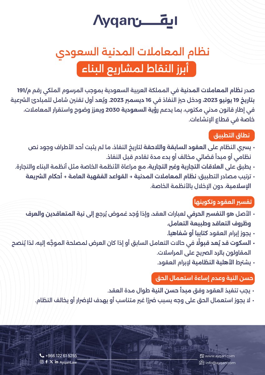 AyqanLaw's tweet photo. نظام المعاملات المدنية السعودي – خطوة مهمة في قطاع البناء. 

دخل نظام المعاملات المدنية حيز التنفيذ في 16 ديسمبر 2023، ليشكل أول تقنين مدني شامل في المملكة، ويعزز وضوح القواعد القانونية في المعاملات والعقود.

ويمثل هذا النظام تطوراً مهماً لمشاريع الإنشاءات والبنية التحتية من خلال دعم الاستقرار التعاقدي وتعزيز الثقة بين أطراف المشاريع، بما يتماشى مع مستهدفات رؤية السعودية 2030.
في المنشور أدناه أبرز النقاط التي تهم مشاريع البناء