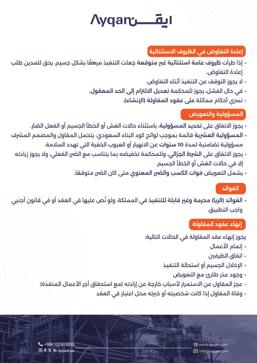 AyqanLaw's tweet photo. نظام المعاملات المدنية السعودي – خطوة مهمة في قطاع البناء. 

دخل نظام المعاملات المدنية حيز التنفيذ في 16 ديسمبر 2023، ليشكل أول تقنين مدني شامل في المملكة، ويعزز وضوح القواعد القانونية في المعاملات والعقود.

ويمثل هذا النظام تطوراً مهماً لمشاريع الإنشاءات والبنية التحتية من خلال دعم الاستقرار التعاقدي وتعزيز الثقة بين أطراف المشاريع، بما يتماشى مع مستهدفات رؤية السعودية 2030.
في المنشور أدناه أبرز النقاط التي تهم مشاريع البناء
